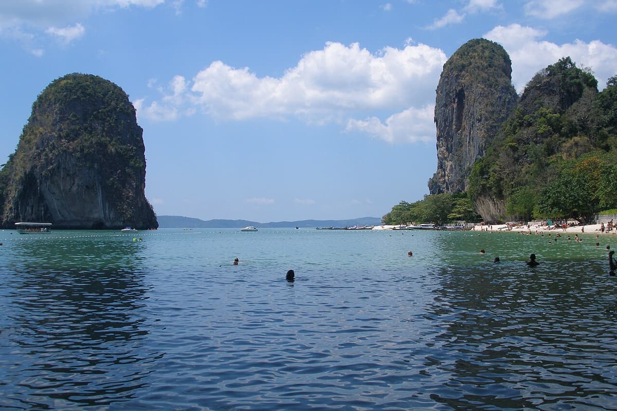 A limestone islet and headland rising from the sea at Railay, Krabi