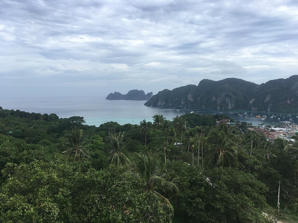 Looking across the palms of Koh Phi Phi Don towards Koh Phi Phi Leh
