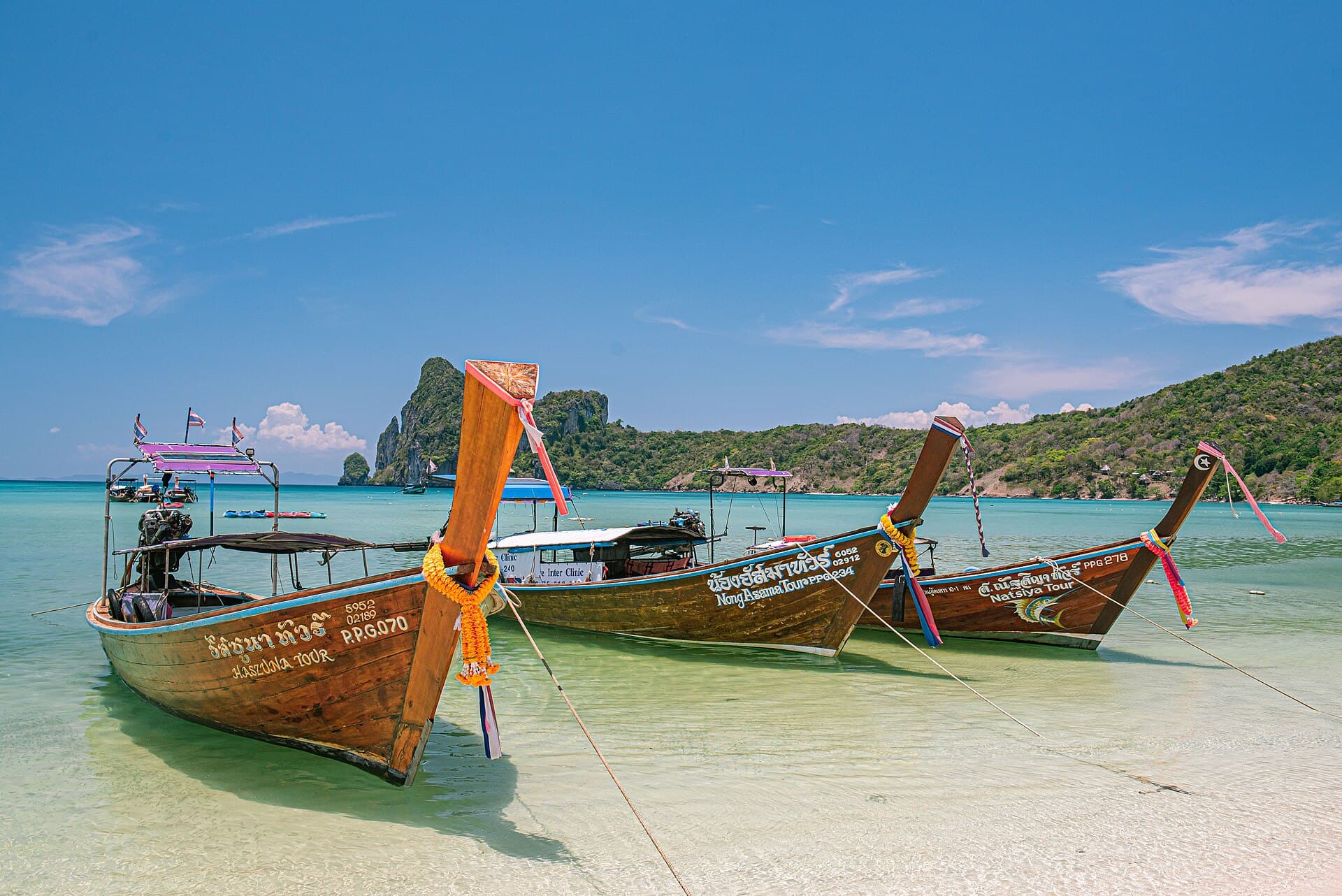 Longtail boats moored in the shallows off the Krabi coast