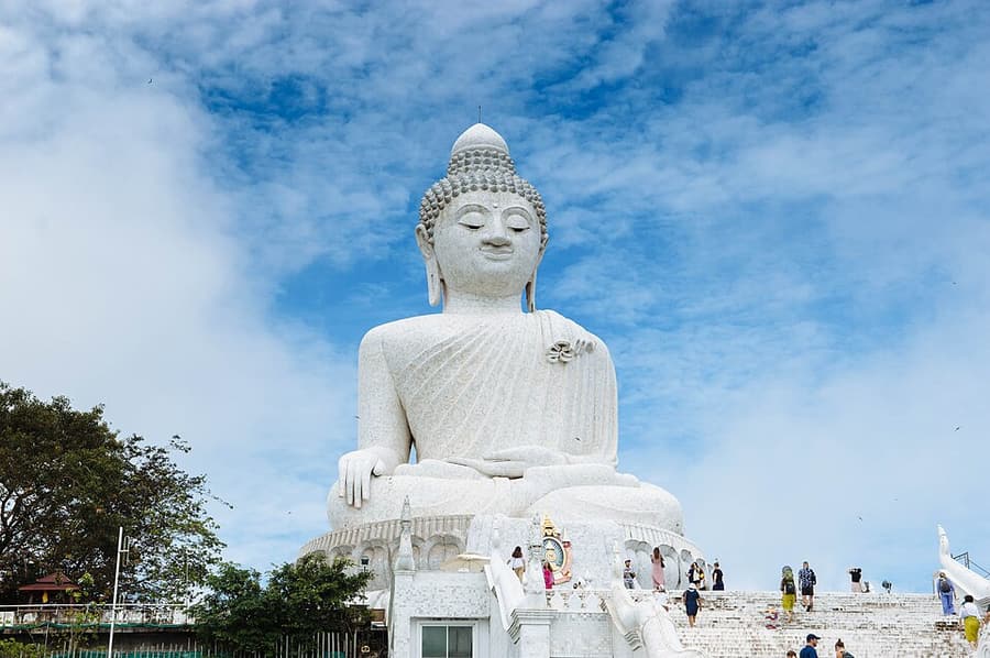 The white marble Big Buddha statue on its hilltop in Phuket