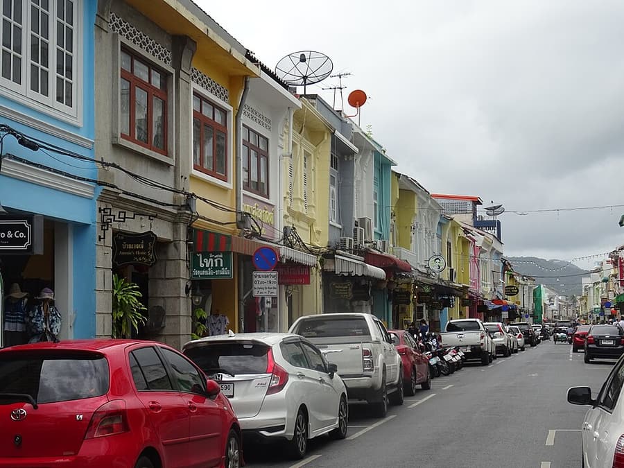 Colourful Sino-Portuguese shophouses on Thalang Road in Phuket Old Town